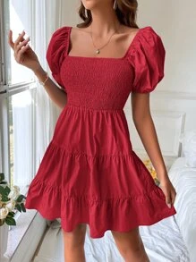 SHEIN VCAY Vestido de cuello cuadrado de manga farol bajo con fruncido - Rojo - Ver 3