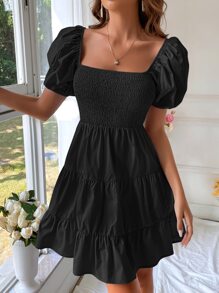 SHEIN VCAY Square Neck Puff Sleeve Ruffle Hem Dress - Black - View 6