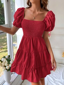 SHEIN VCAY Vestido de cuello cuadrado de manga farol bajo con fruncido - Rojo - Ver 6