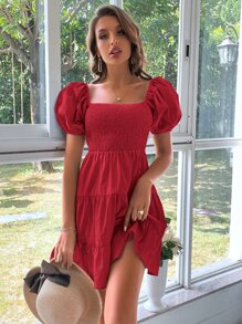 SHEIN VCAY Vestido de cuello cuadrado de manga farol bajo con fruncido - Rojo - Ver 7