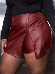 Slaydiva 大碼拉鏈細節PU皮革裙裤 - 酒紅色 - 查看 3