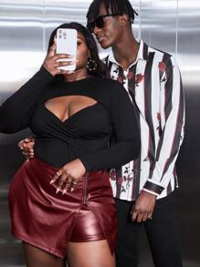 Slaydiva 大碼拉鏈細節PU皮革裙裤 - 酒紅色 - 查看 5