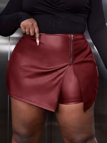 Slaydiva 大碼拉鏈細節PU皮革裙裤 - 酒紅色 - 查看 6
