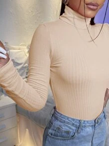 SHEIN Essnce High Neck Rib-knit Tee - Beige - View 5