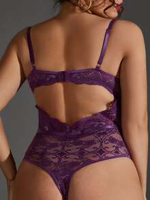 Body teddy con encaje floral ribete con fruncido con abertura - Púrpura malva - Ver 2