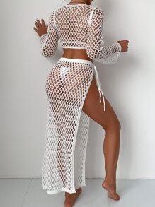 Elenzga 鏤空前扭結罩衫套裝不附比基尼 - 白色 - 查看 2