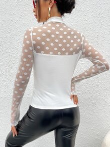 SHEIN Privé Mock-neck Sheer Dobby Mesh Yoke Fitted Top - White - View 2