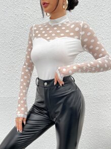 SHEIN Privé Mock-neck Sheer Dobby Mesh Yoke Fitted Top - White - View 5