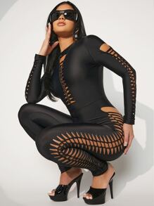 Hauture 階梯剪裁連體跳躍套裝 - 黑色 - 查看 5