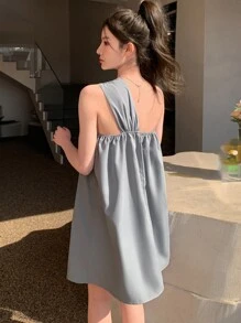 DAZY 前蝴蝶結單肩連衣裙 - 霧霾藍 - 查看 2