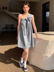 DAZY 前蝴蝶結單肩連衣裙 - 霧霾藍 - 查看 3