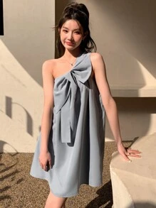 DAZY 前蝴蝶結單肩連衣裙 - 霧霾藍 - 查看 4