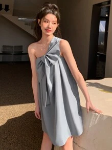 DAZY 前蝴蝶結單肩連衣裙 - 霧霾藍 - 查看 5