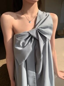 DAZY 前蝴蝶結單肩連衣裙 - 霧霾藍 - 查看 6