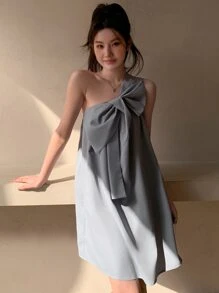 DAZY 前蝴蝶結單肩連衣裙 - 霧霾藍 - 查看 7