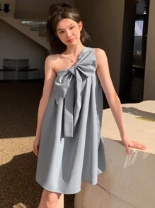 DAZY 前蝴蝶結單肩連衣裙 - 霧霾藍 - 查看 8