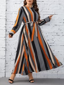 SHEIN Clasi Vestido con cinturón de rayas & con estampado de lunares - Multicolor - Ver 1