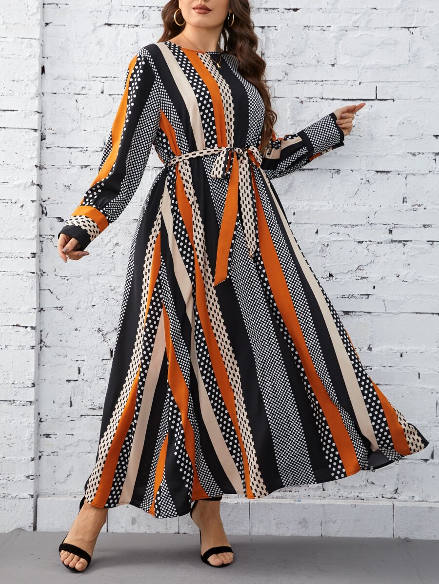 SHEIN Clasi Vestido con cinturón de rayas & con estampado de lunares - Multicolor - Ver 1