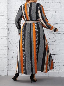 SHEIN Clasi Vestido con cinturón de rayas & con estampado de lunares - Multicolor - Ver 2