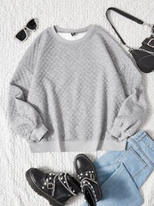 SHEIN EZwear Plus Checker Jacquard Drop Shoulder Sweatshirt - Light Grey - View 1