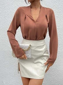 SHEIN Essnce Fold Pleated Solid Top Workwear - Brown - View 1