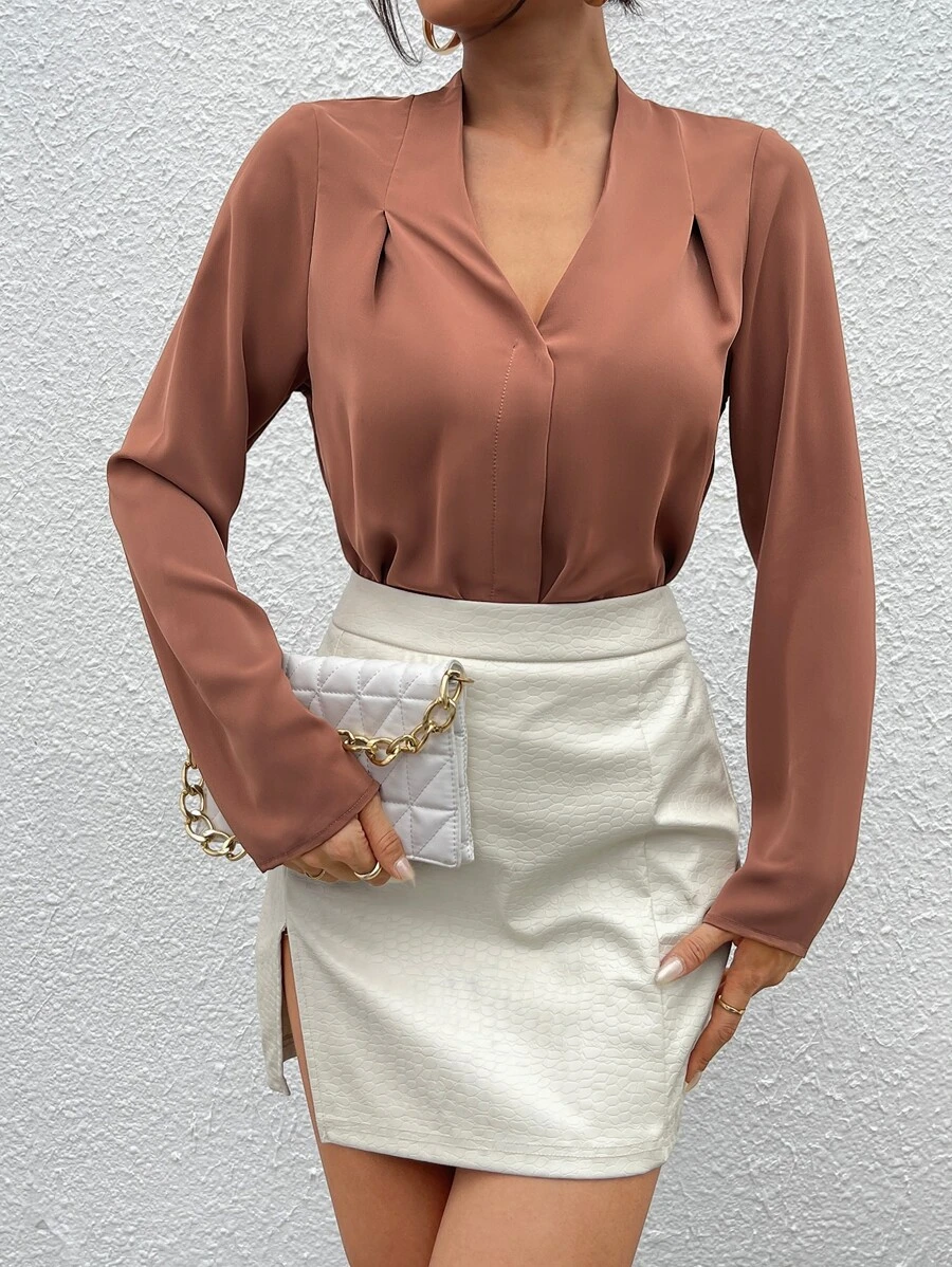 SHEIN Essnce Fold Pleated Solid Top Workwear - Brown - View 1