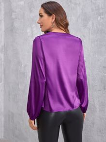 SHEIN Privé v領燈籠袖緞面襯衫 - 紫羅蘭色 - 查看 2