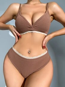 蕾絲邊內衣套裝 - 咖啡棕 - 查看 4