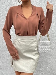 SHEIN Essnce Fold Pleated Solid Top Workwear - Brown - View 3