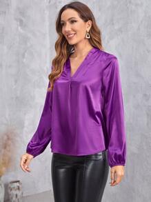 SHEIN Privé v領燈籠袖緞面襯衫 - 紫羅蘭色 - 查看 5