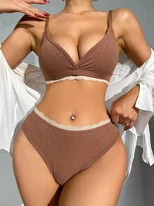 蕾絲邊內衣套裝 - 咖啡棕 - 查看 5