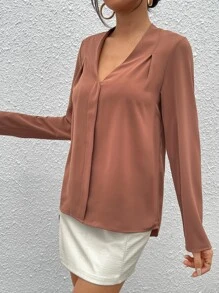 SHEIN Essnce Fold Pleated Solid Top Workwear - Brown - View 4