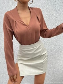 SHEIN Essnce Fold Pleated Solid Top Workwear - Brown - View 5