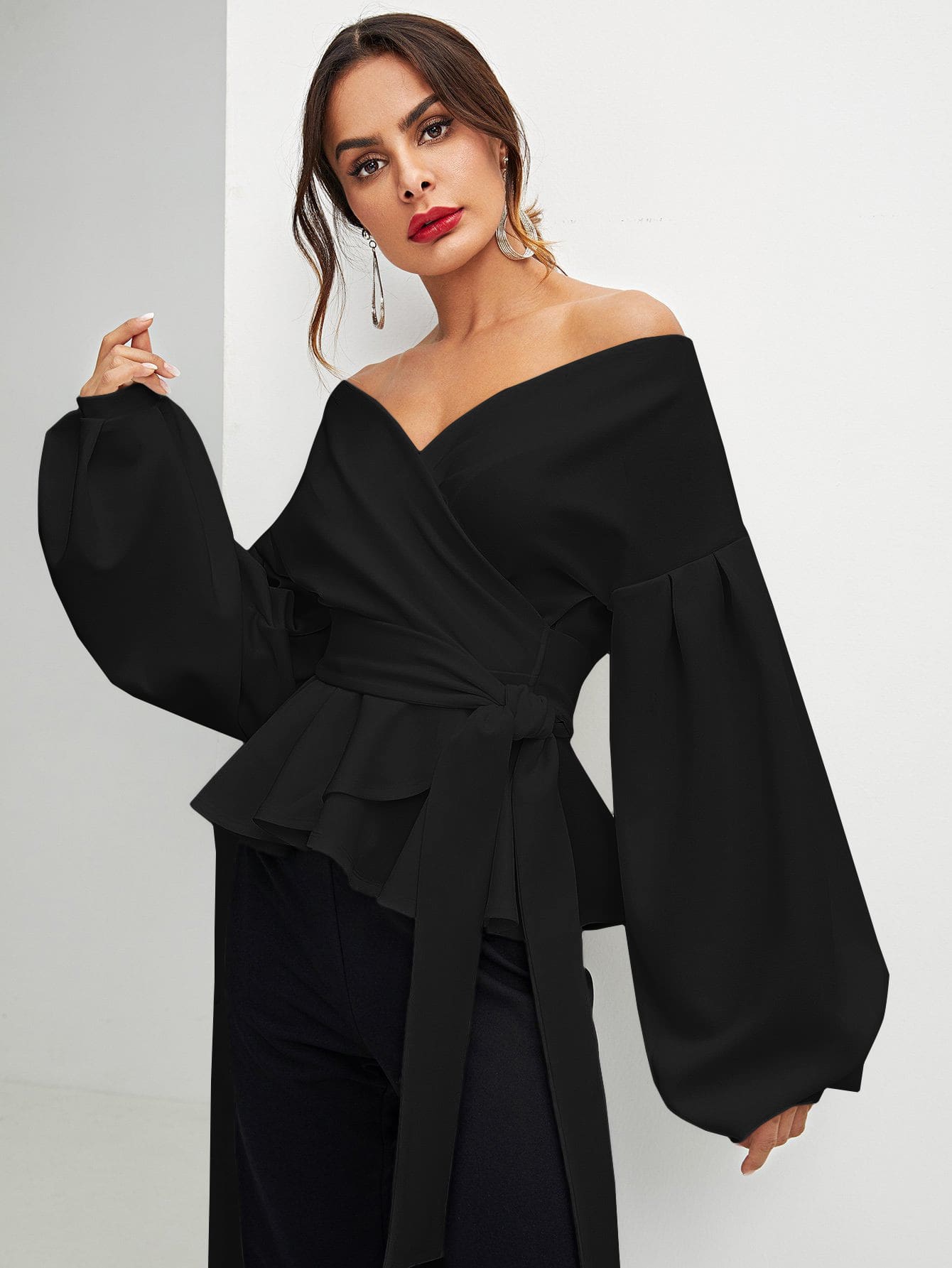 Modelyn Lantern Sleeve Surplice Belted Peplum Off The Shoulder Blouse