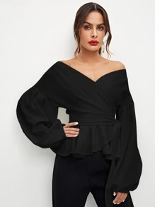 Modelyn Lantern Sleeve Surplice Belted Peplum Off The Shoulder Blouse