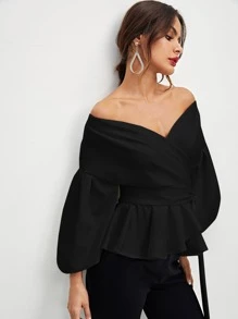 Modelyn Lantern Sleeve Surplice Belted Peplum Off The Shoulder Blouse