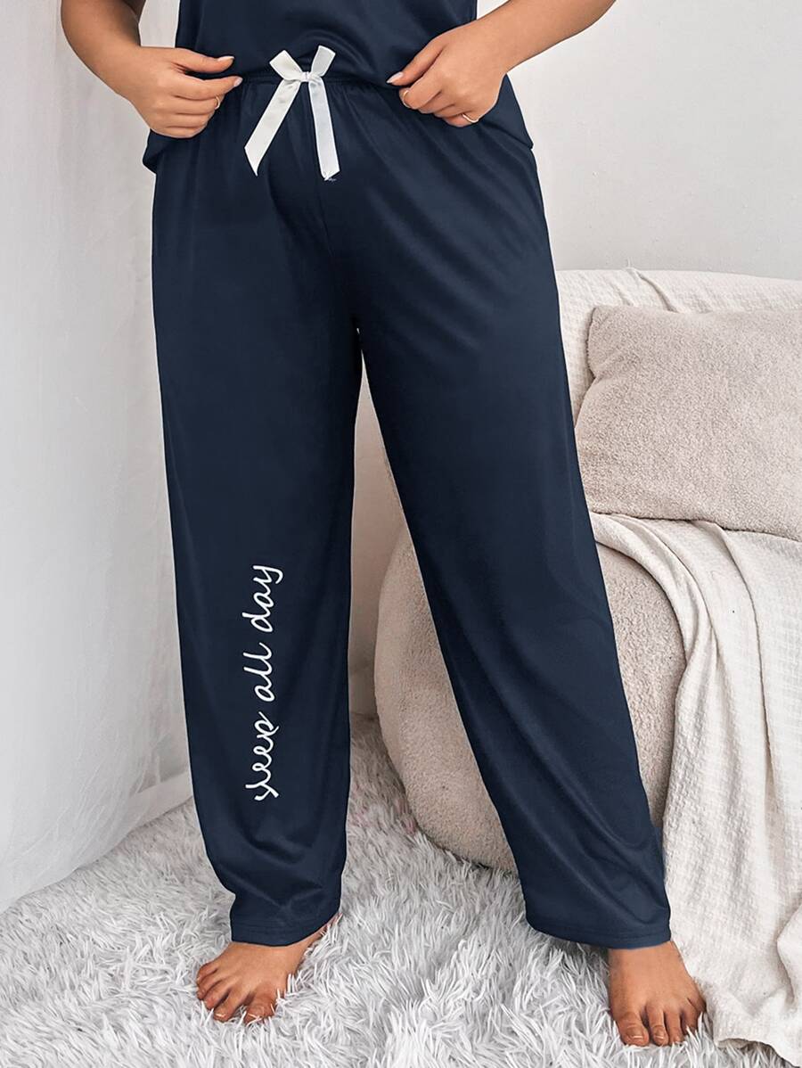 Plus Letter Graphic Bow Waist Sleep Trousers - Navy Blue - View 1