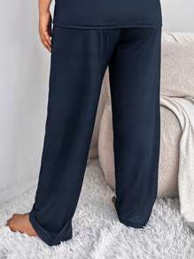 Plus Letter Graphic Bow Waist Sleep Trousers - Navy Blue - View 2