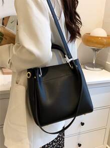 High-End Stylish Large Capacity Shoulder Bag, Fashion Crossbody Tote Bag For Commuting, Bucket Bag Design - Black - View 2