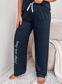 Plus Letter Graphic Bow Waist Sleep Trousers - Navy Blue - View 3