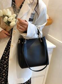 High-End Stylish Large Capacity Shoulder Bag, Fashion Crossbody Tote Bag For Commuting, Bucket Bag Design - Black - View 3