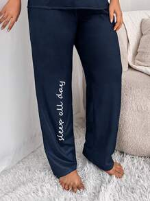 Plus Letter Graphic Bow Waist Sleep Trousers - Navy Blue - View 4