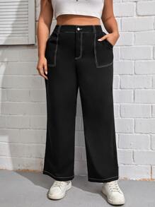 SHEIN EZwear Quần Plus Size Nút Túi Dây kéo màu trơn Giải trí - màu đen - Xem 1