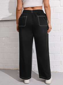 SHEIN EZwear Quần Plus Size Nút Túi Dây kéo màu trơn Giải trí - màu đen - Xem 2