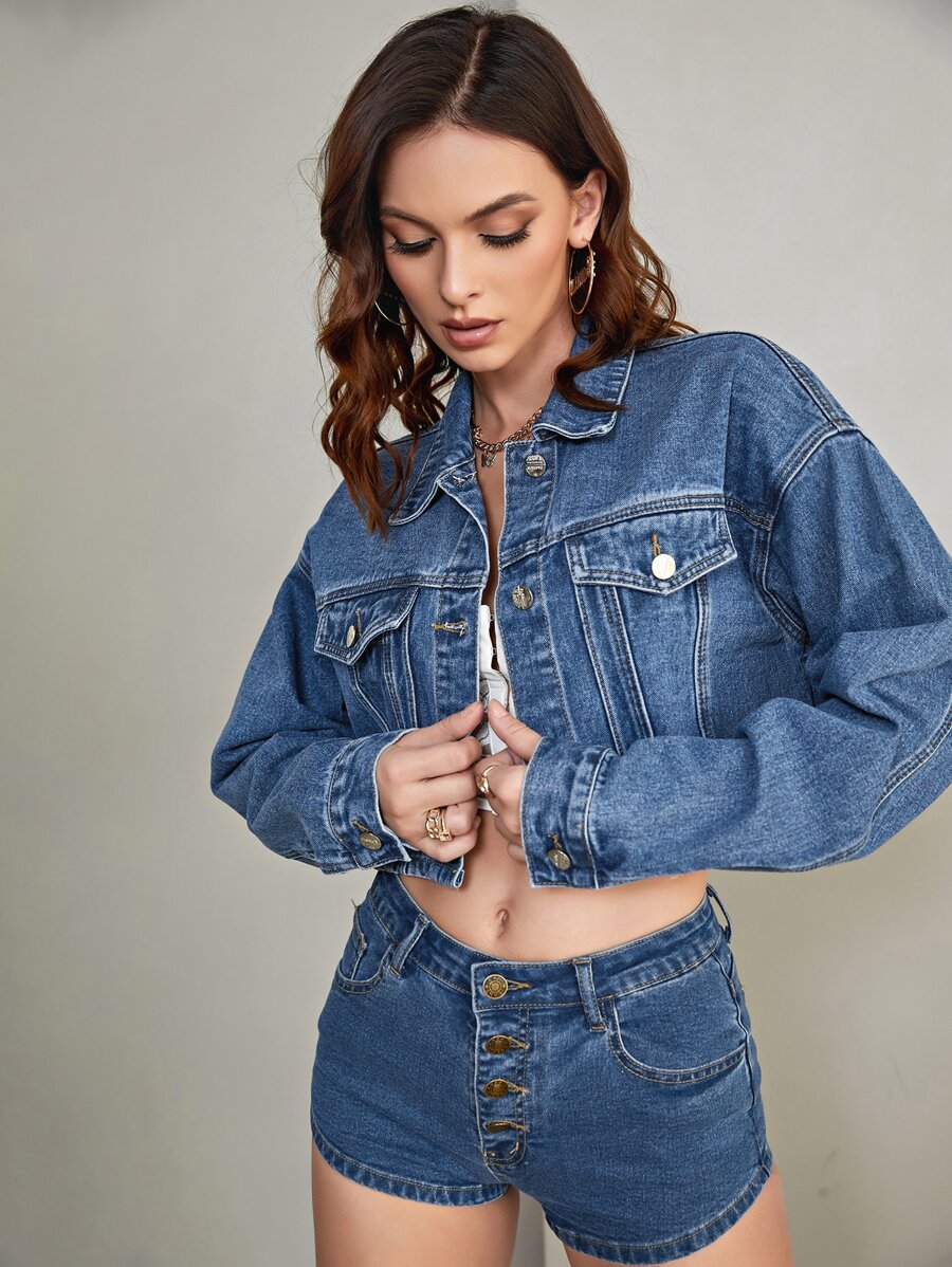 Drop Shoulder Crop Denim Jacket - Dark Wash - View 1
