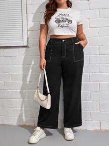 SHEIN EZwear Quần Plus Size Nút Túi Dây kéo màu trơn Giải trí - màu đen - Xem 3