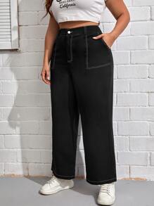 SHEIN EZwear Quần Plus Size Nút Túi Dây kéo màu trơn Giải trí - màu đen - Xem 4
