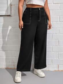 SHEIN EZwear Quần Plus Size Nút Túi Dây kéo màu trơn Giải trí - màu đen - Xem 5