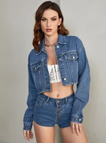 Drop Shoulder Crop Denim Jacket - Dark Wash - View 5