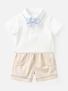 Baby Boy Summer Korean Style Boys' White Shirt And Apricot Shorts Gentleman Style Solid Color Kids' Suit, 2Pcs/Set - Multicolor - View 1